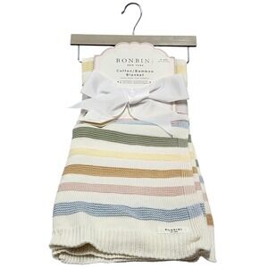BONBINI NEW YORK Cotton Bamboo Baby Blanket Sweater Knit Stripe Rainbow NWT